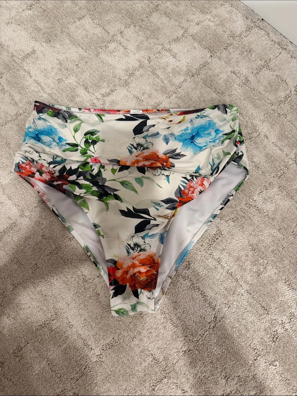 Floral High-Waist Women's Swim Bottoms - White with Multicolor Floral Print